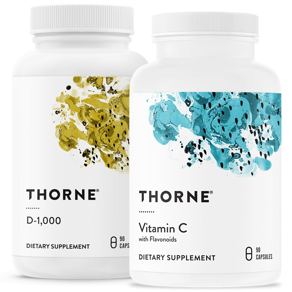 THORNE - Combo de suporte imunológico - Mistura de vitamina D3 e vitamina C para função imune saudável - 30 a 90 Servos