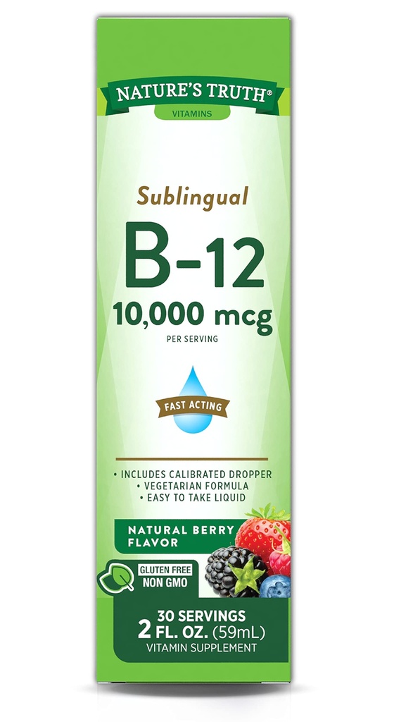 Nature's Truth Sublingual Vitamina B-12 10.000 Mcg, Líquido de ação rápida, Sabor de Berry Natural, 2 Onça Fluída (Pacote de 1)