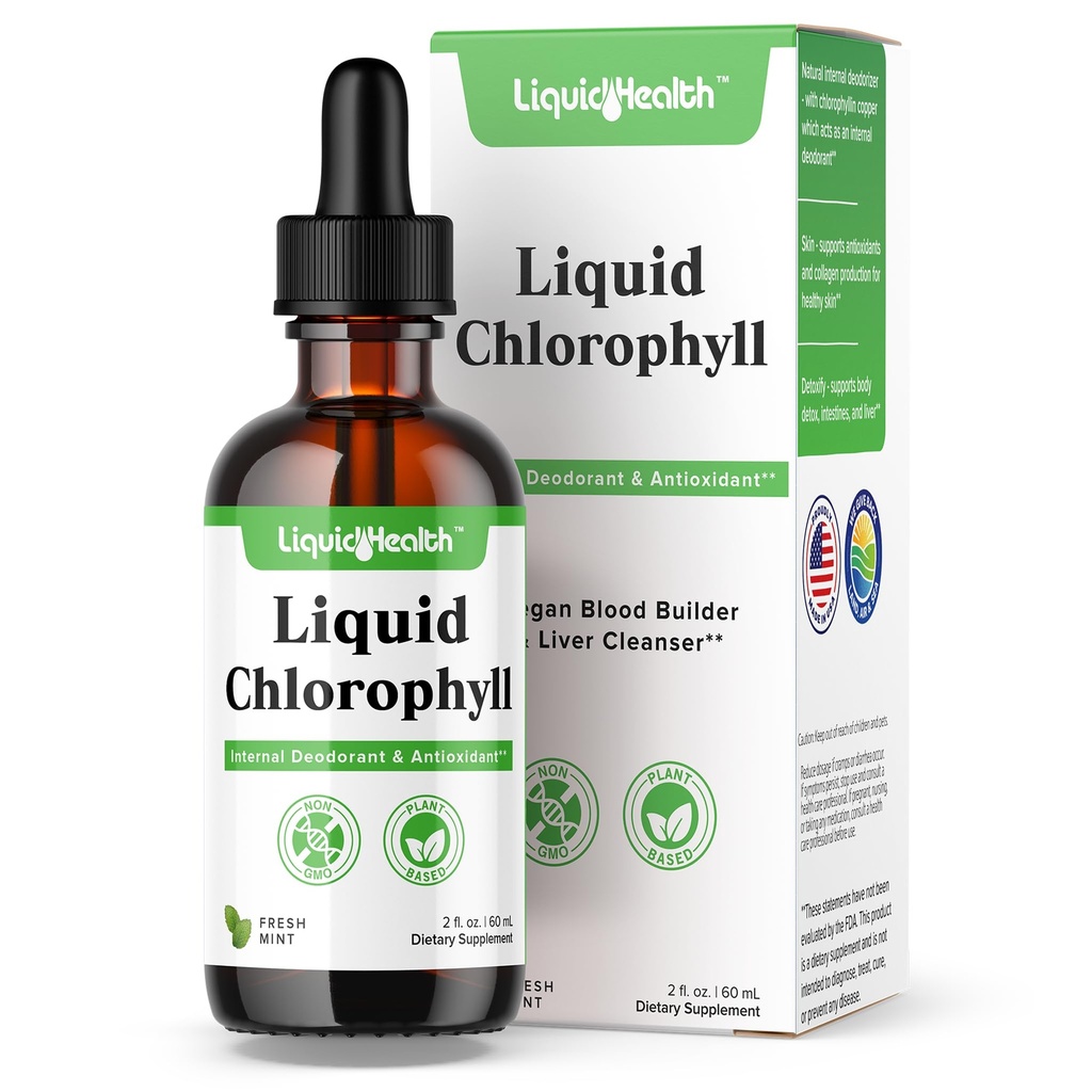 LIQUIDHEALTH Líquido Clorofila Drops - Desodorizante Interno, Detox Fígado, Suporte Imune, Promova Colágeno para Cabelo e Pele, Pare de Respirar Mau, Reduzir apetite - Made in the USA, Vegan, Non-GMO (2 onças)