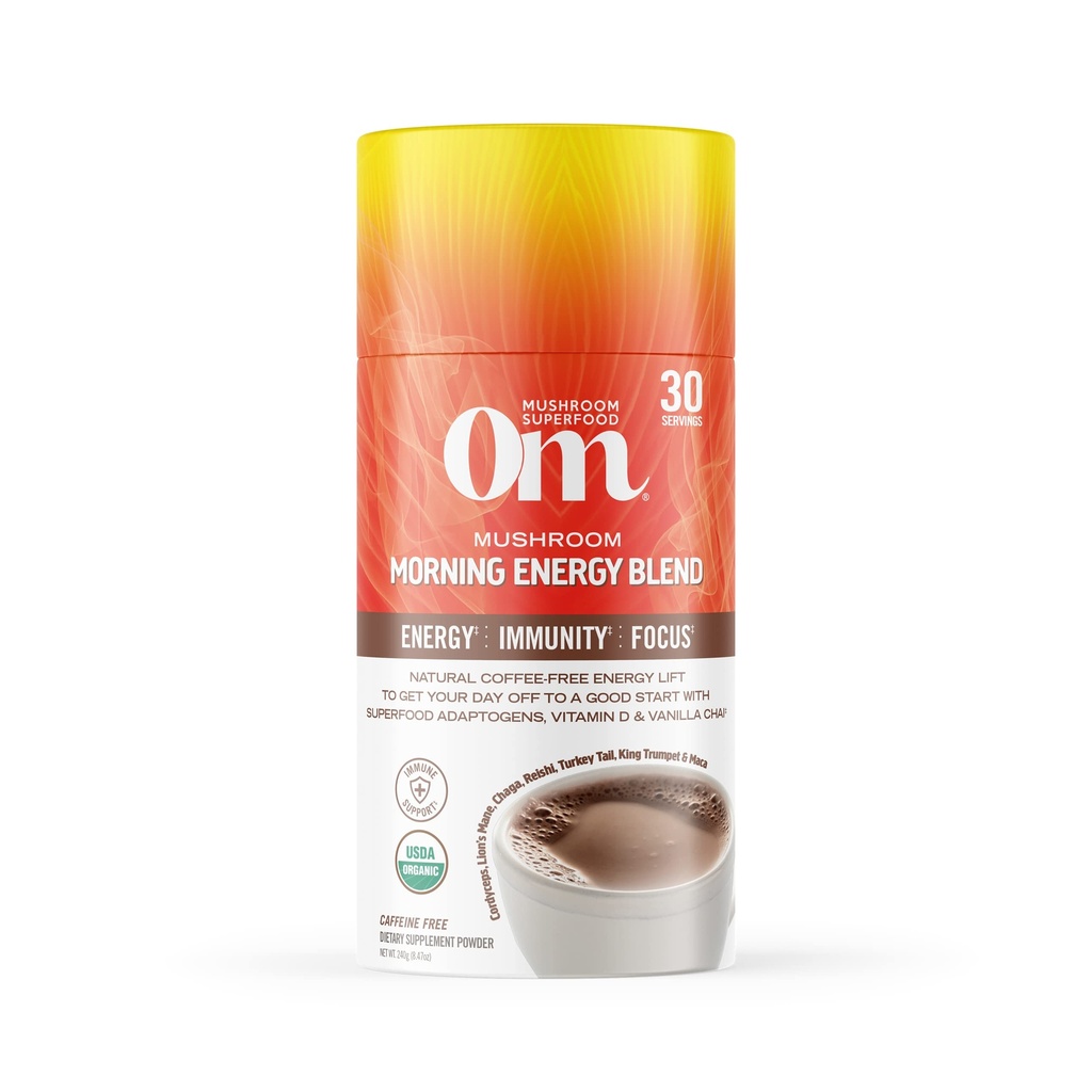 Om Mushroom Superfood Manhã Energia Misturar Mushroom Powder Drink, 8.47 Ounce Canister, Coffee Free Energy Drink with Cordyceps, Vitamina D2, Agaricus Bisporus, Lion's Mane, Rhodiola, and Turkey Tail