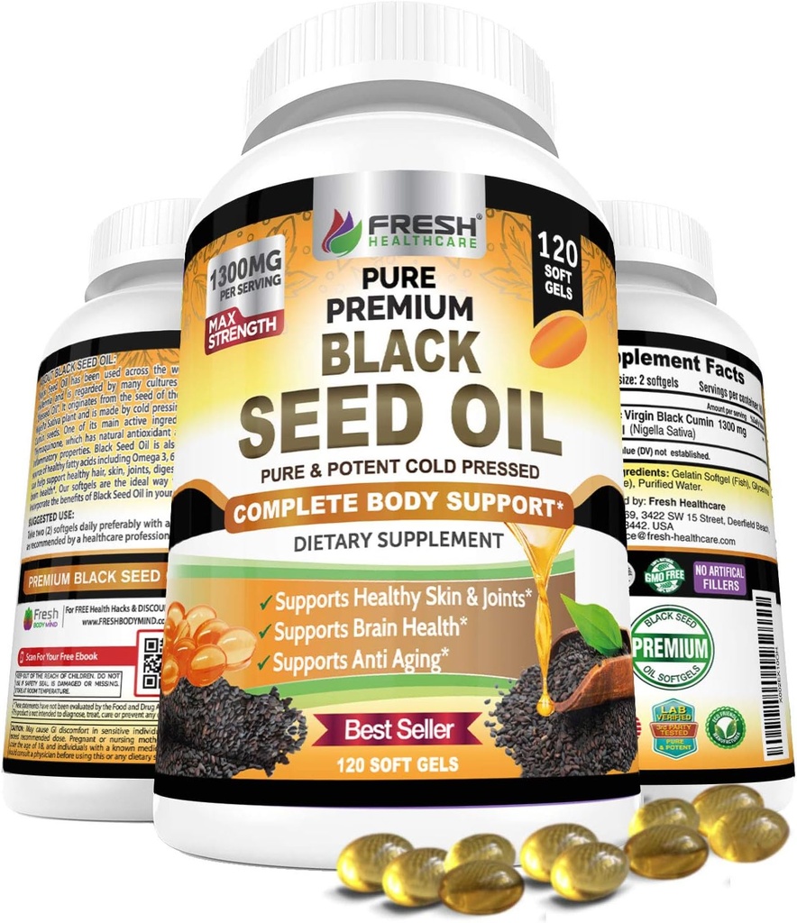 FRESH SAÚDECARE Black Seed Oil Cápsulas frias prensadas 1300mg - 100% Pure Non-GMO Nigella Sativa - Imune & Apoio Conjunto - Suplemento Premium Softgel