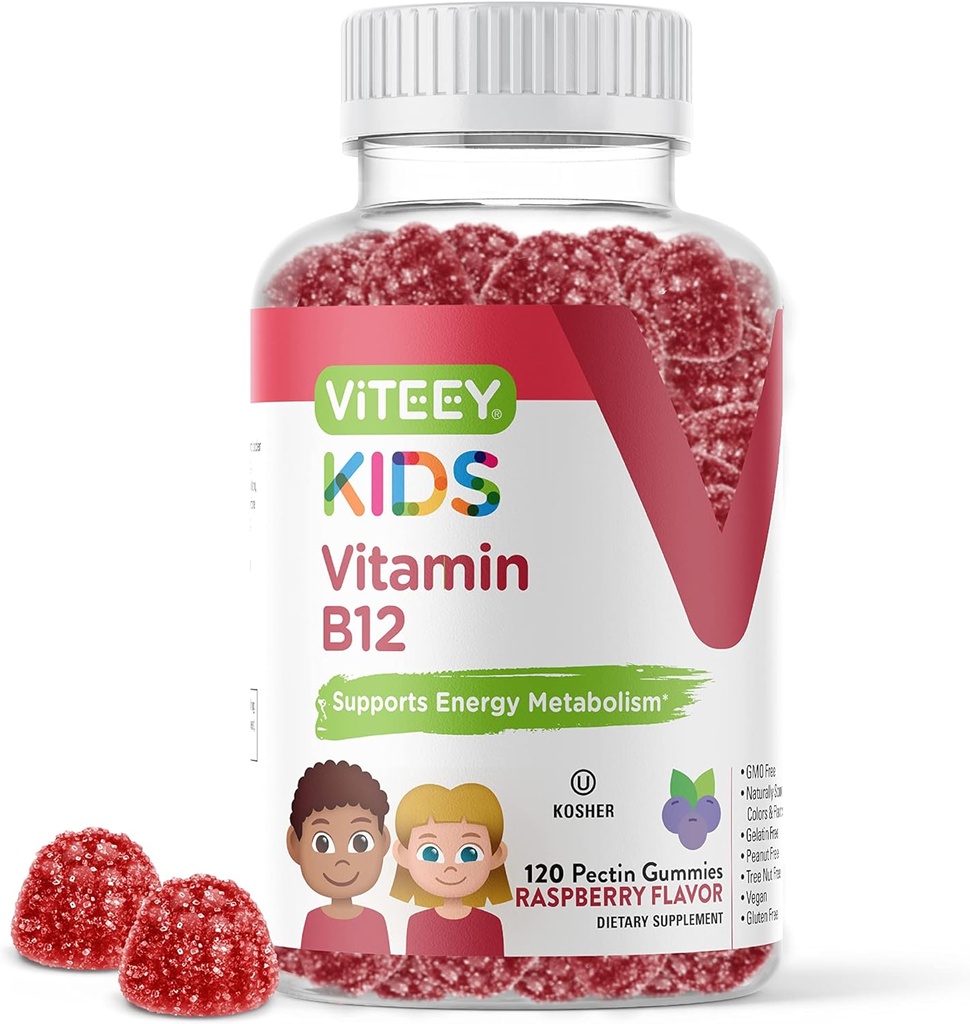 Viteey Vitamina B12 para chicletes para crianças, 1000mcg - Metabolismo, Suporte de energia natural - Vegan, Gelatina livre, Gluten Free, GMO livre - saborosa mastigado B12 Framboesa saborosa Gummy