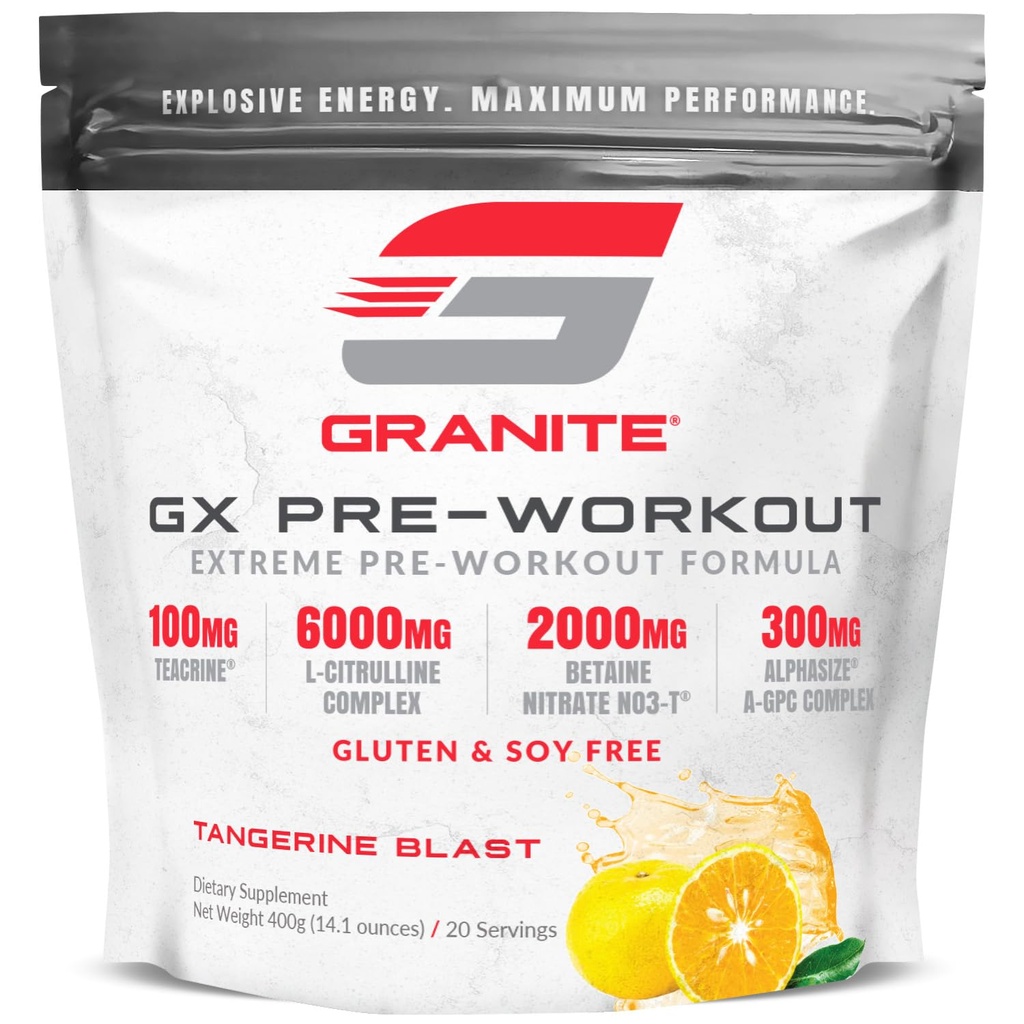 Granito GX Pre Treino Suplemento, Tangerina Blast Flavor, Suporta Foco, Energia e Desempenho com Tecrine, L-Citrulina, Betaína e A-GPC (20 Servões)