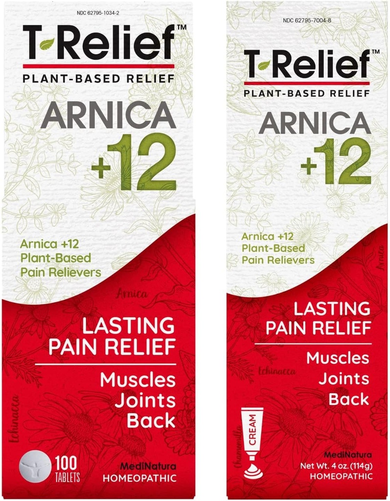 MediNatura T-Alívio Arnica +12 Alívios naturais da dor 100ct Comprimidos T-Alívio natural da dor Arnica +12 pacote de creme de 4 onças