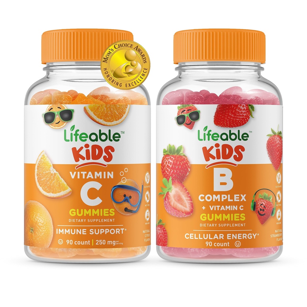 Vitamina C Crianças + B Complex Kids, chicletes Bundle - Grande degustação, Suplemento Vitamina, Sem glúten, GMO Grátis, chiclete mastigável