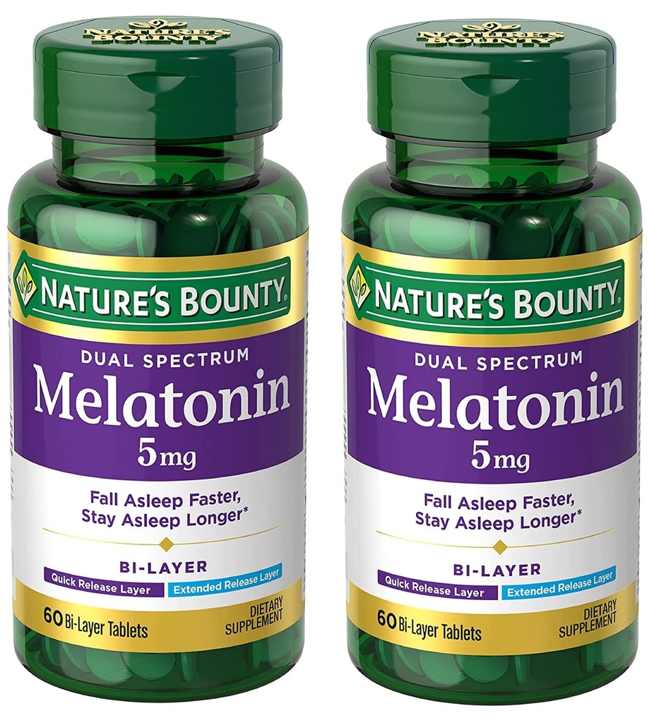 Melatonina da recompensa da natureza 5mg Dual Spectrum, suplemento de sono 100% livre de drogas, liberação rápida e liberação estendida, promove relaxamento e saúde do sono, 60 comprimidos bi-layer (Pacote de 2)