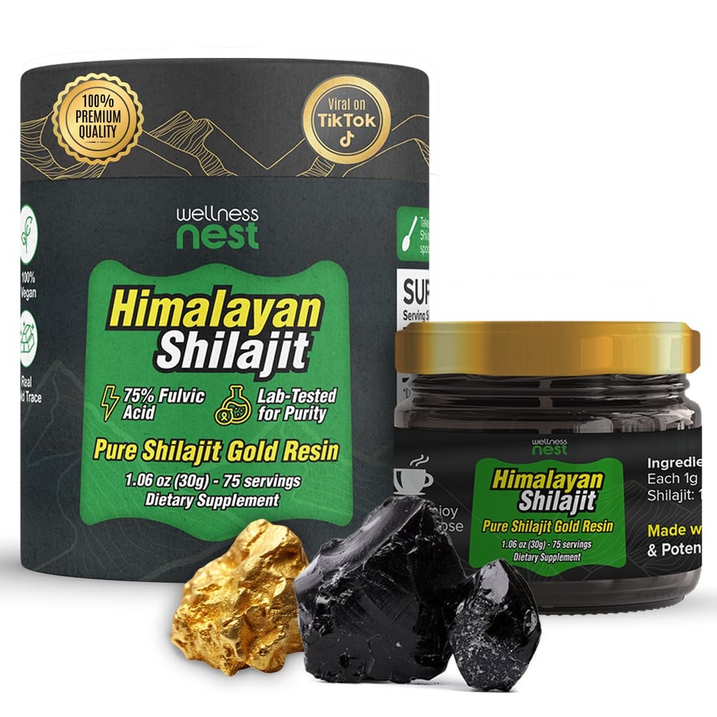 Nest Wellness ouro grau puro Himalayan Shilajit resina: última potência para homens e mulheres - 24k ouro, 75% + ácido fulvico, relatório de teste de laboratório incluído - 30g (1 pacote), 75 Servings