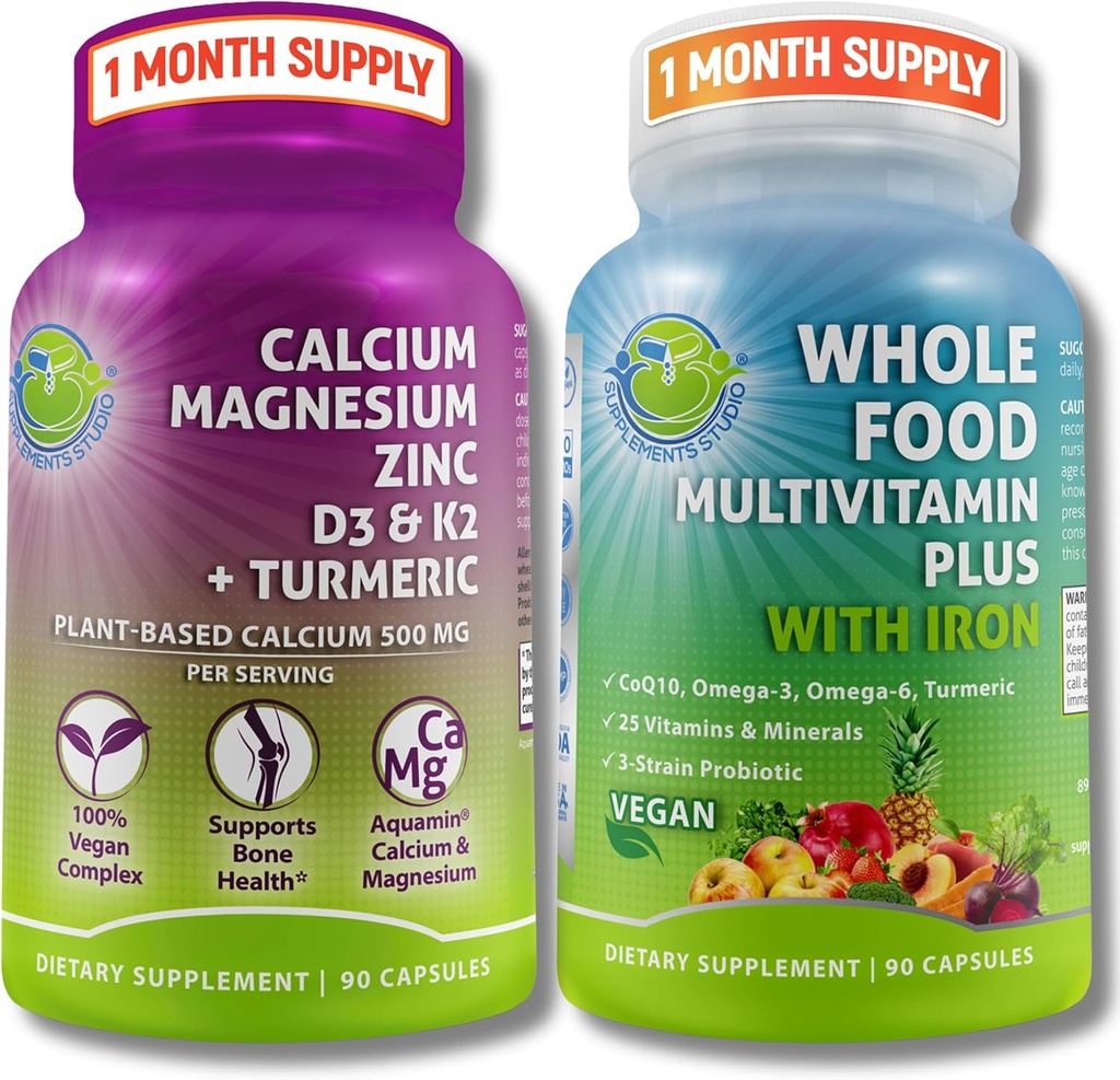 Vegan Whole Food Multivitamin com ferro + cálcio com base em plantas, magnésio, zinco, D3, K2 e açafrão – Vegan apoio diário para a energia, saúde óssea, imunidade e bem-estar geral Trio