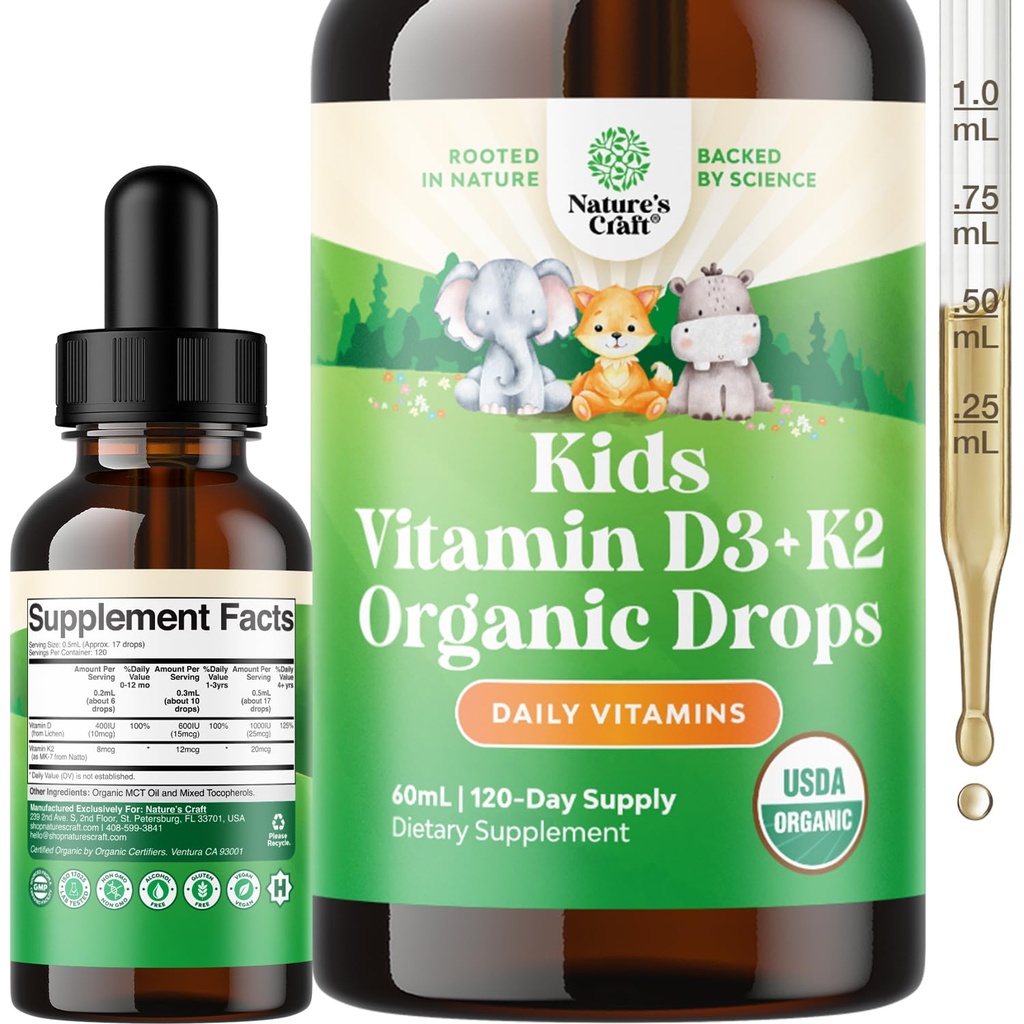 Naturezas Craft Kids Vitamina D3 K2 Drops - Vitamina D orgânica para crianças para ossos fortes e articulações - Bebês, bebês e crianças Imune Suporte gotas Suplemento líquido - frasco de 60 ml