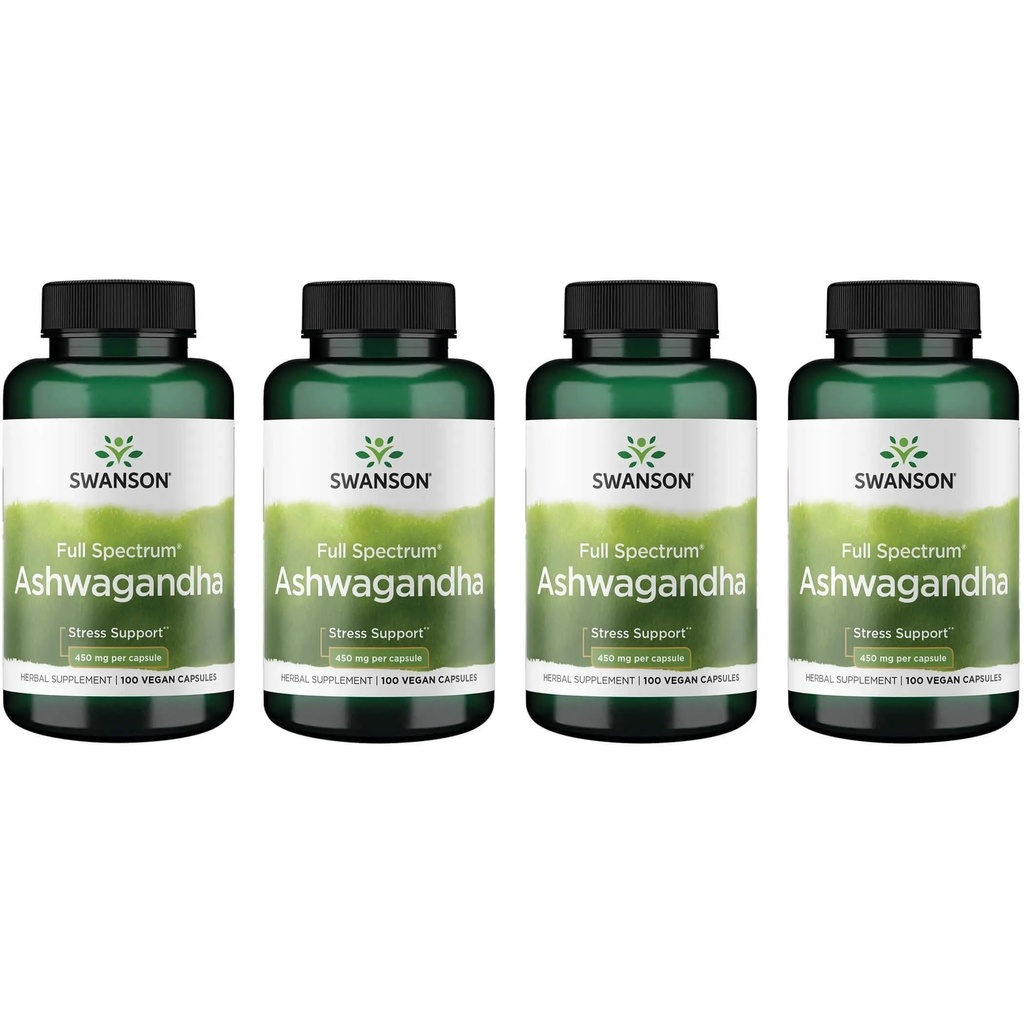 Swanson Ashwagandha Powder Supplement - com Ashwagandha Root para promover alívio de estresse e energia - Suplemento ayurvédico para bem-estar natural (100 cápsulas, 450mg cada) 4 Pack