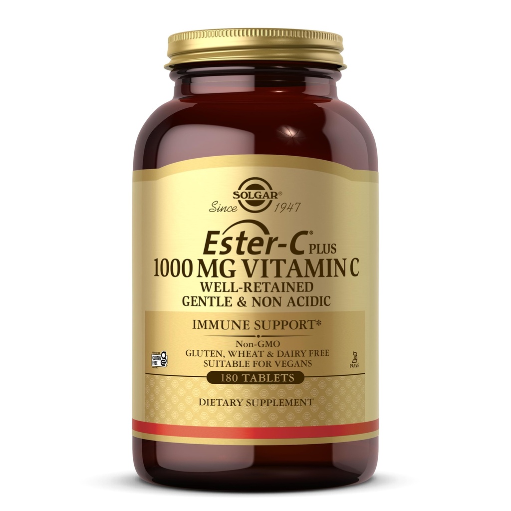 Solgar Ester-C Plus 1000 mg Vitamina C (Complexo de Ascorbato) - 180 Comprimidos - Gentil e não ácido - Suporta Saúde Respiratória Superior - Não-GMO, Sem Glúten - 180 Servimentos