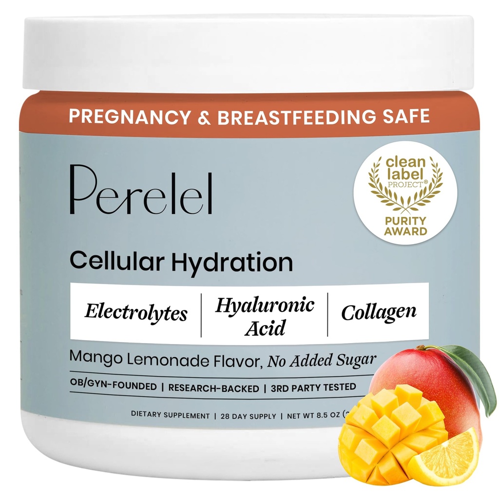 Perelel Hydration Powder, Suplemento electrolítico com colagénio e ácido hialurónico, Mango sabor limonada, Soy & Gluten Free, Não OGM, Sem açúcar adicionado, 28 Servings