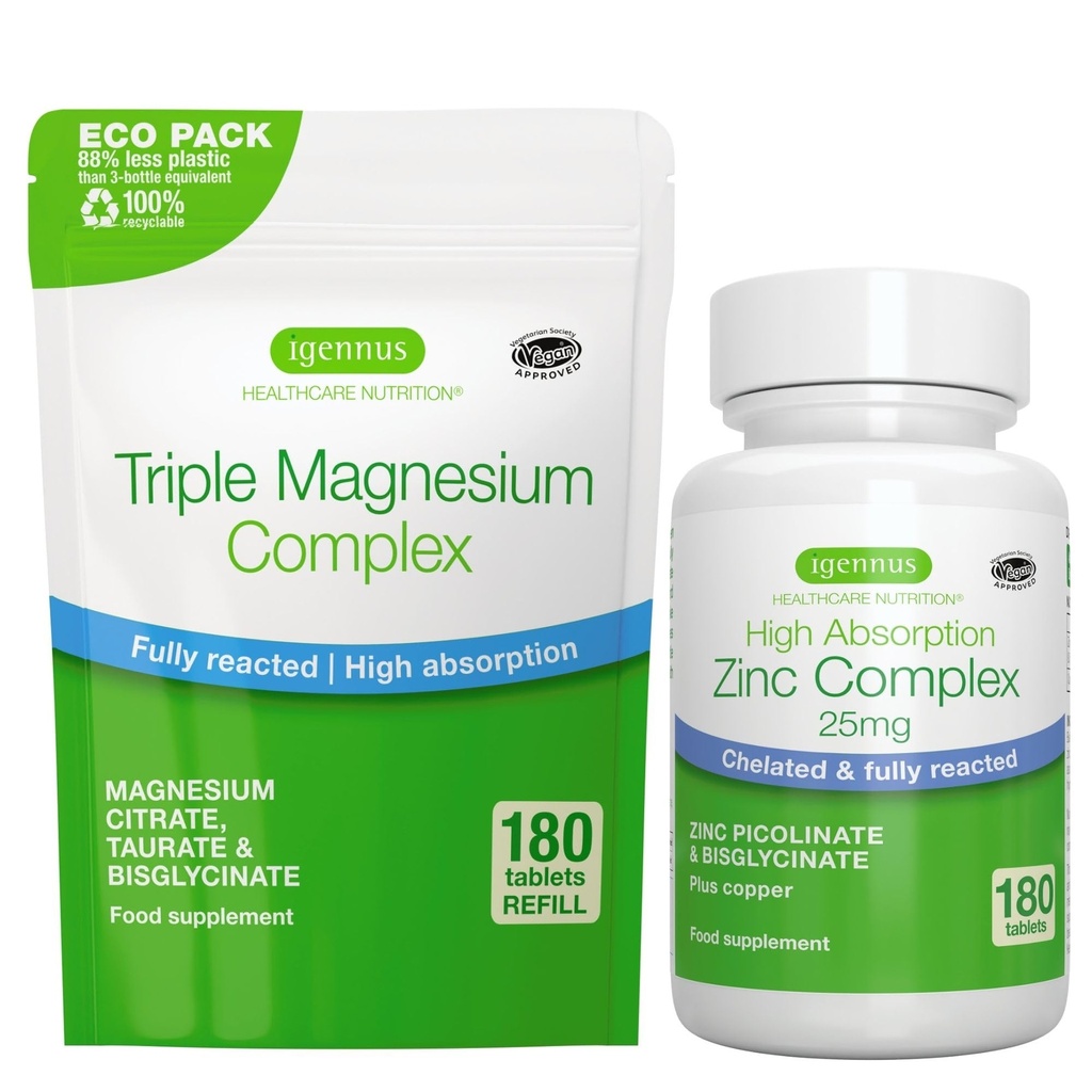 Complexo de Magnésio Triplo 180 Comprimidos + Zinco Complexo Vegan Bundle, Magnésio Quelado de Alta Absorção + 25mg Picolinato de Zinco Quelado e Bisglicinato com Cobre, por Igennus