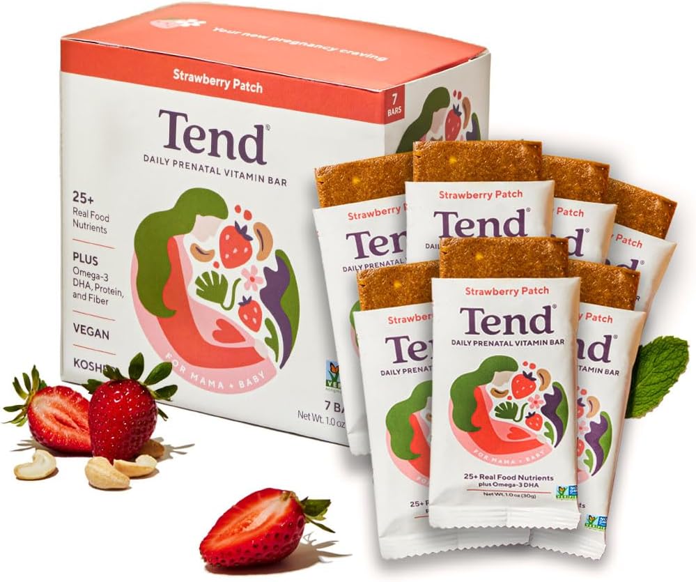Tend Daily Best Prenatal Vitamina Bar, feito com ingredientes orgânicos para mães grávidas e pós-parto, inclui DHA, vitamina D, B, cholina, folato, girassol Lecitina - Patch morango (7ct)
