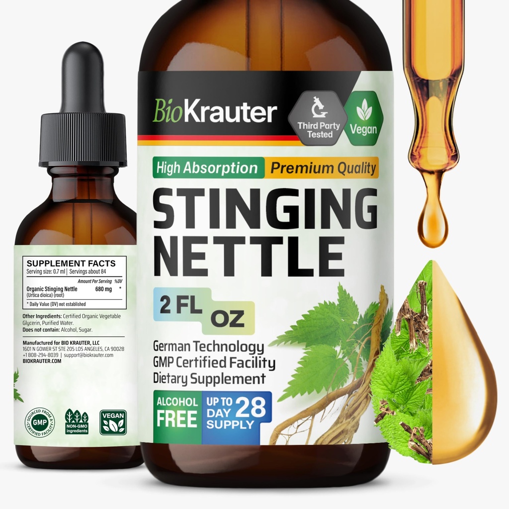 BIO KRAUTER Stinging Nettle Tintura - Extrato de raiz líquido - Suplemento de suporte urinário - Urtica Dioica Extrato Natural - Vegan, Açúcar e álcool gotas grátis 2 Fl.Oz.
