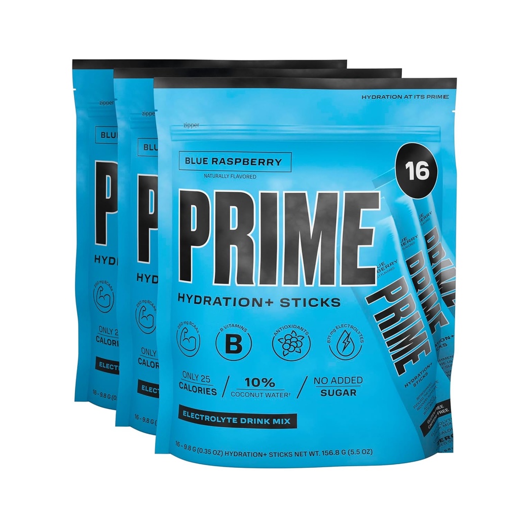 HIDRAÇÃO PRIMATIVA+ Sticks Blue Framboesa □ Hydration Pó Único Serve Sticks □ Pó de Eletrólito na Go □ 250mg BCAAs, B Vitaminas, Antioxidantes □ Baixo açúcar
