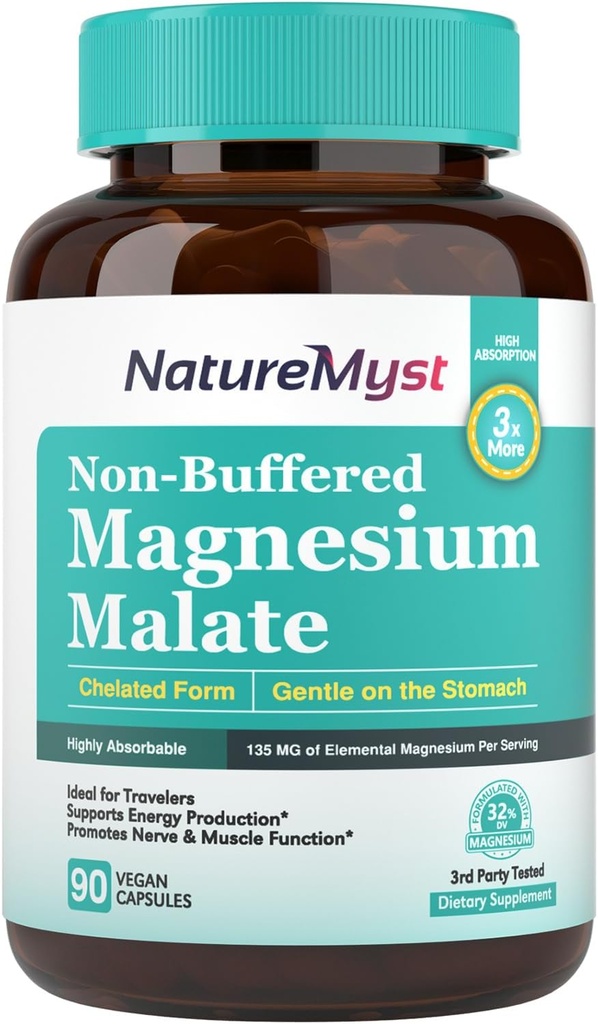 Malato de magnésio, Forma quelatada, Altamente absorvível, Não-buffered, Gentil no estômago, para adultos e crianças, Dose flexível, Produção de energia, Nervo & Função muscular, 90 Cápsulas Vegan