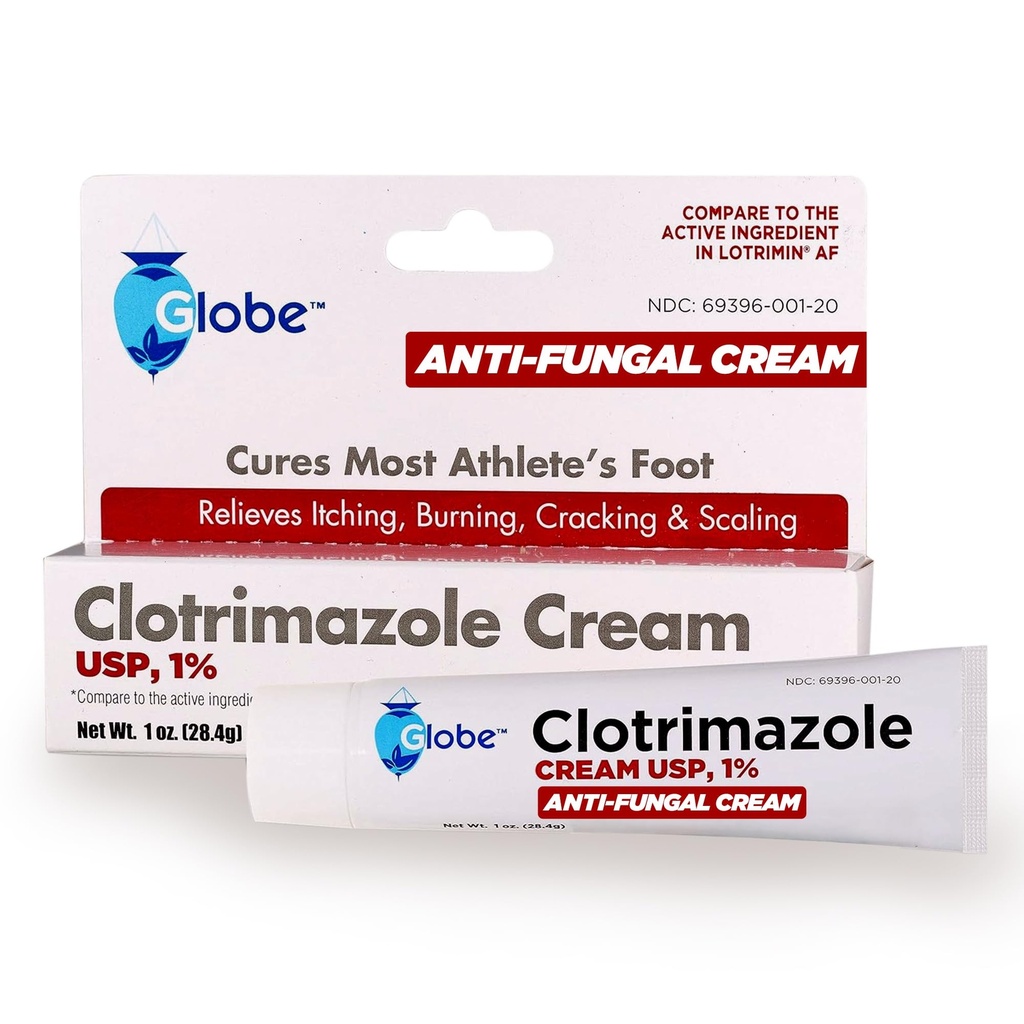 Globe Clotrimazol Antifungal Cream 1% USP (1 oz), Anti Fungal Tratamento, Alivia Coceira, Queimadura, Cracking e Escala Atletas Associados Pé, Jock Coceira, Ringworm e Mais