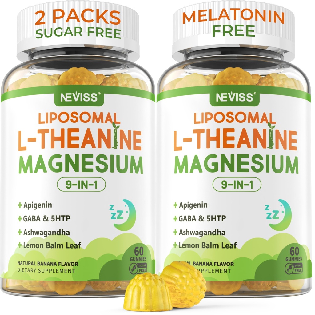 L-Teanina lipossomal 200mg Glicinato de magnésio 400mg Gummies com GABA, 5HTP, Apigenin, Vitamina B6 & D3, Ashwagandha, Lemon Balm Leaf, Melatonina Free Sleep Chewable para relaxar Mood & Muscle, 2 embalagens