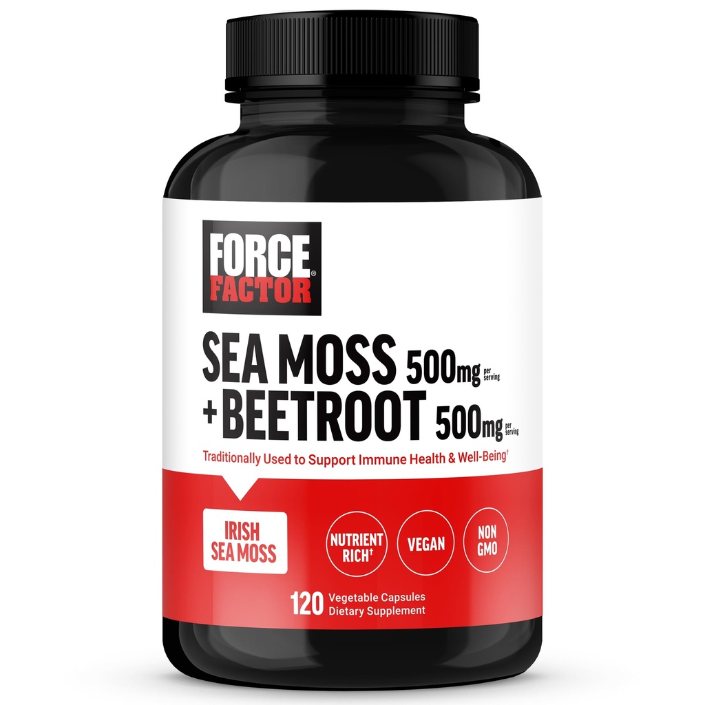 FORCE FACTOR Irish Sea Moss + Beet Root Supplement to Support Immunity, Circulation, Natural Energy, Heart Health, with Antioxidants, Non-GMO, Vegan-Friendly, Soy-Free, 120 Cápsulas Vegetais