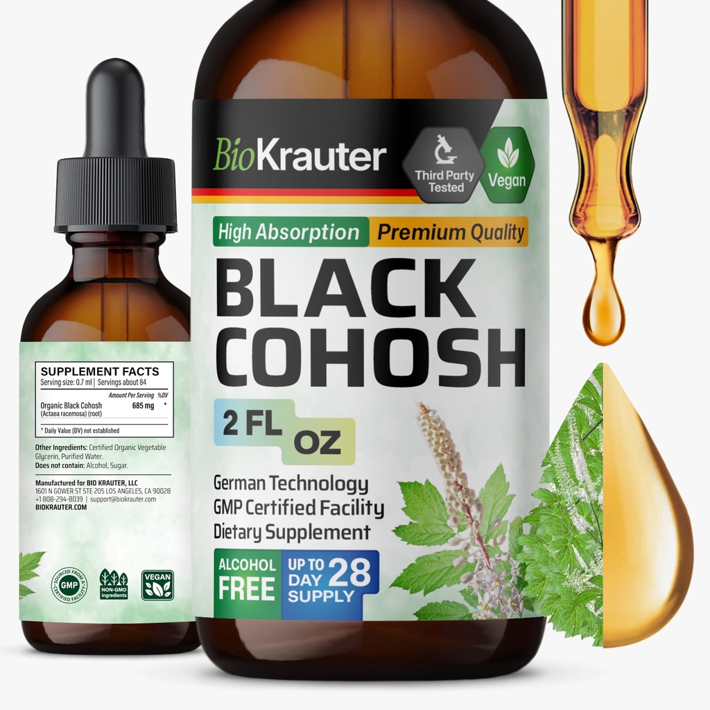 BIO KRAUTER Preto Cohosh Root Tintura - Vegan Preto Cohosh Suplementos Mulheres Apoio - Álcool e Açúcar Grátis - 2 Fl.Oz.