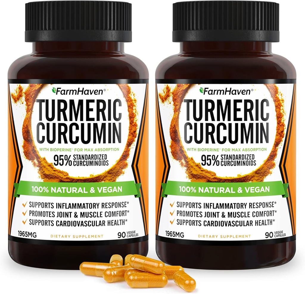 Curcumina Turmérica com Pimenta Preta BioPerine & 95% Curcuminóides, Absorção Máxima para Suporte Conjunto, Cápsulas Turméricas Não-GMO, Made in USA - 180 Veg Caps