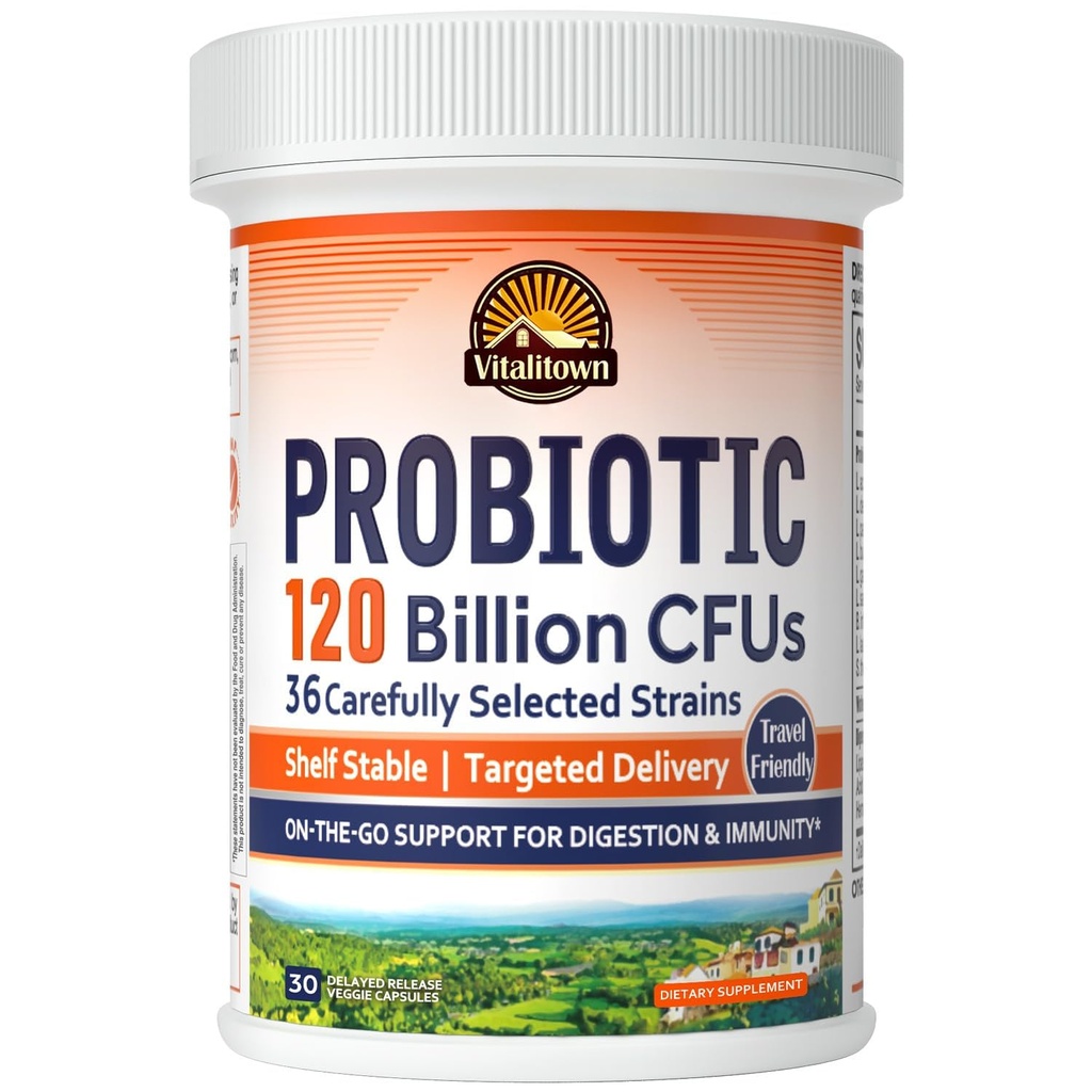 Vitalitown Probióticos 120 bilhões de UFCs, 36 Strains, Prebióticos, Enzimas Digestivas para Homens Mulheres, Libertação Atrasada, Prateleira Estável, Em Go Suporte Digestivo, 30 Veg Caps