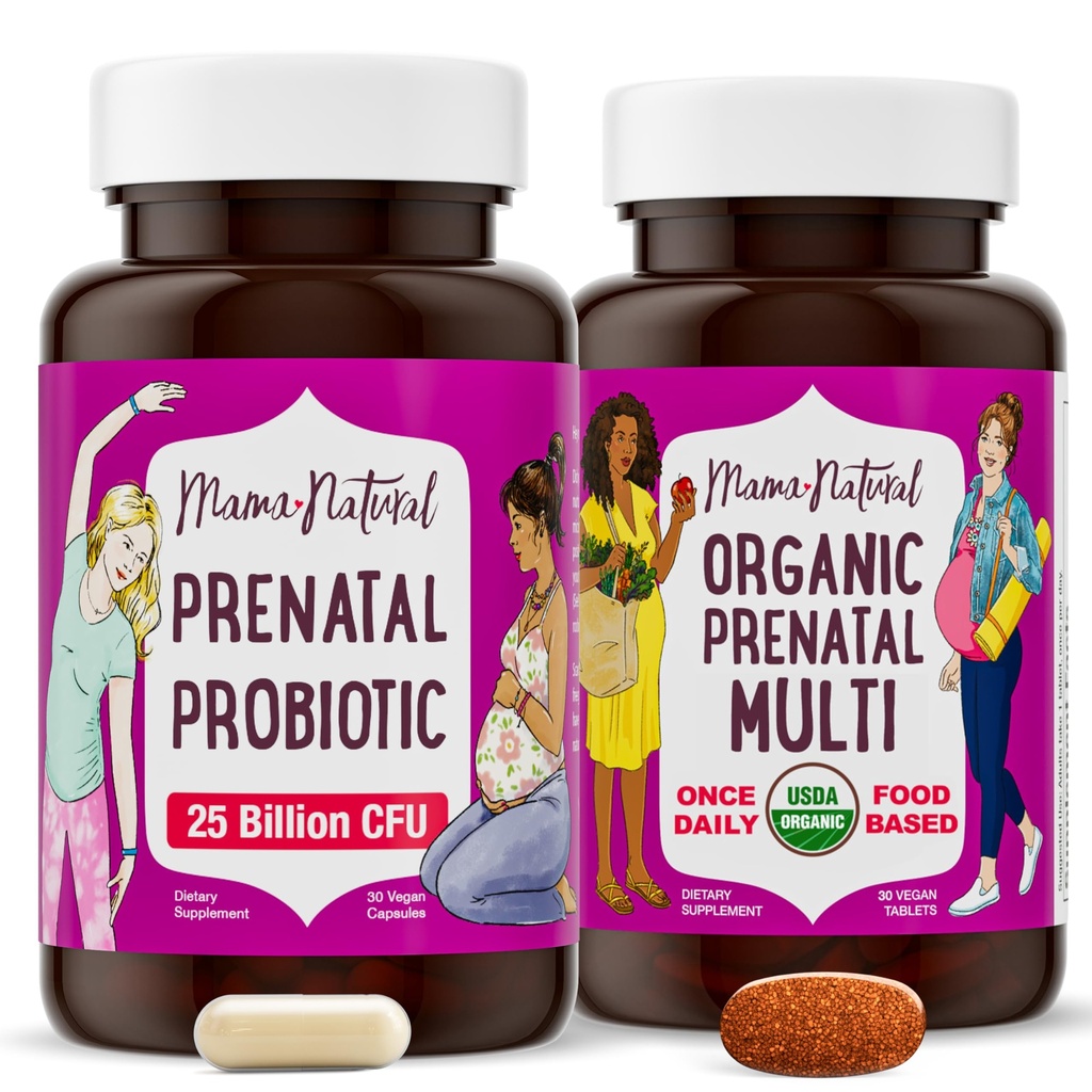 Mama Natural Pacote pré-natal – Vitaminas pré-natais orgânicas para mulheres + Probióticos alvo para gravidez e bem-estar pós-parto - Apenas 2 comprimidos por dia - Vegan & Non-GMO (30 fornecimento dia)