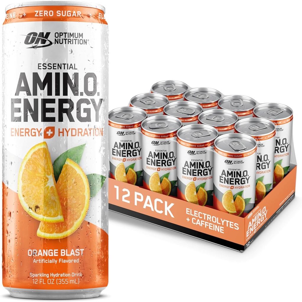 Optimum Nutrition Amino Energy Sparkling Hydration Drink, Eletrolitos, Cafeína, Aminoácidos, BCAAs, Livre de Açúcar, Laranja Blast, 12 Fl Oz, 12 Pack (Packaging May Vary)