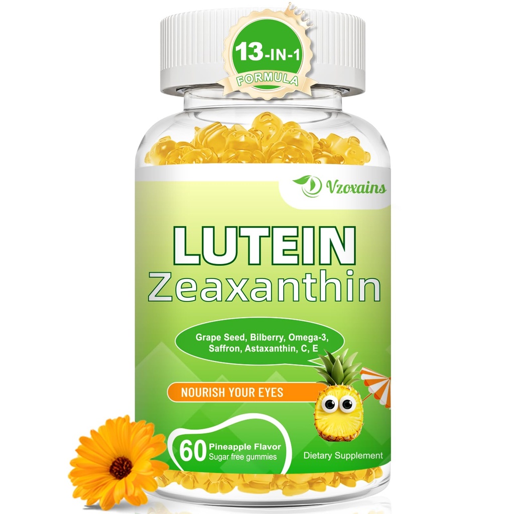 Lutein 20 mg com Zeaxantina Gummies, Lutein e Zeaxantina Suplementos com Vitaminas Eye C, E, Bilberry para a saúde ocular - 60Cts