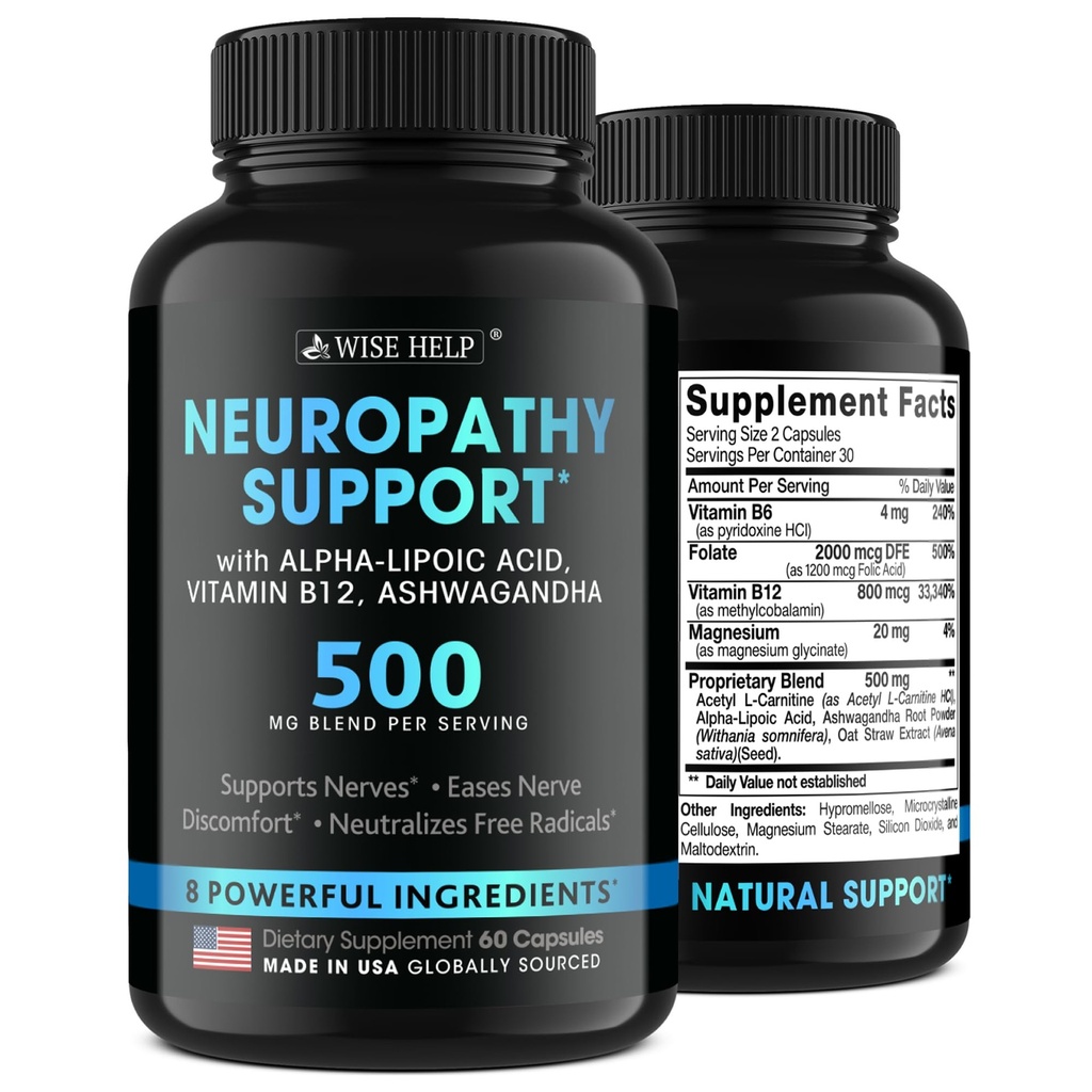 Neuropatia Suporte Nervo Natural Desconforto Alívio - Made in USA - Antioxidante Nervo para Neuralgia Trigeminal, Diabético e Periférico Neuropatia - Mãos, Pescoço, Pés e Dedos Fórmula de Tratamento - 60 Caps