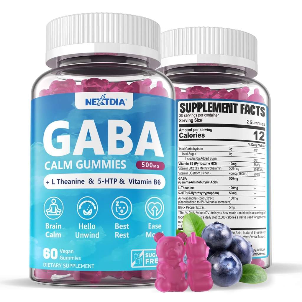 GABA Gummies 500 mg - Pastilhas calmas sem açúcar com L Theanina, 5-HTP, Vitaminas D3, B12, Ashwagandha, Melatonina-livre para a calma do cérebro, Humor, Zzz melhor, Suplemento GABA para adulto, Aroma de mirtilo, 1Pack