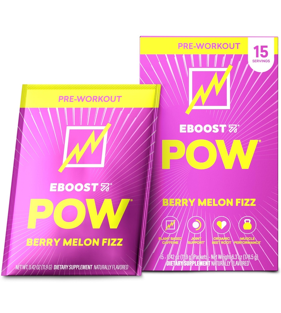EBOOST POW Natural Pré-treino Pó - 15 Packets, Berry Melon Fizz - Pré-treino Energia Booster Gym Suplemento Drink Mix para homens e mulheres - Desempenho, suporte à mobilidade conjunta - Gluten-Free