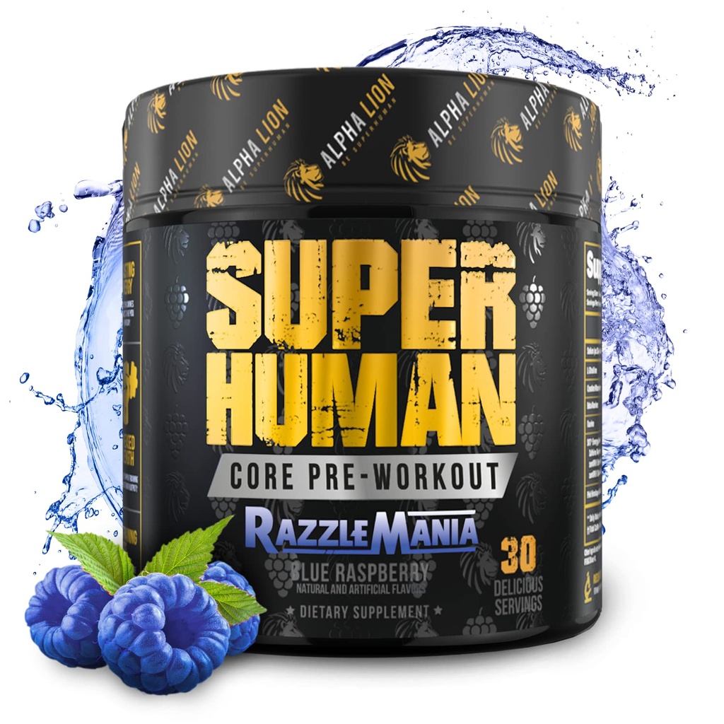 ALPHA LION Núcleo pré-treino w/creatina para desempenho, Beta Alanine para músculo, pó, L-citrulina para bomba e tri-fonte de cafeína para energia sustentada (30 Servings, Blue Framboesa Flavor)