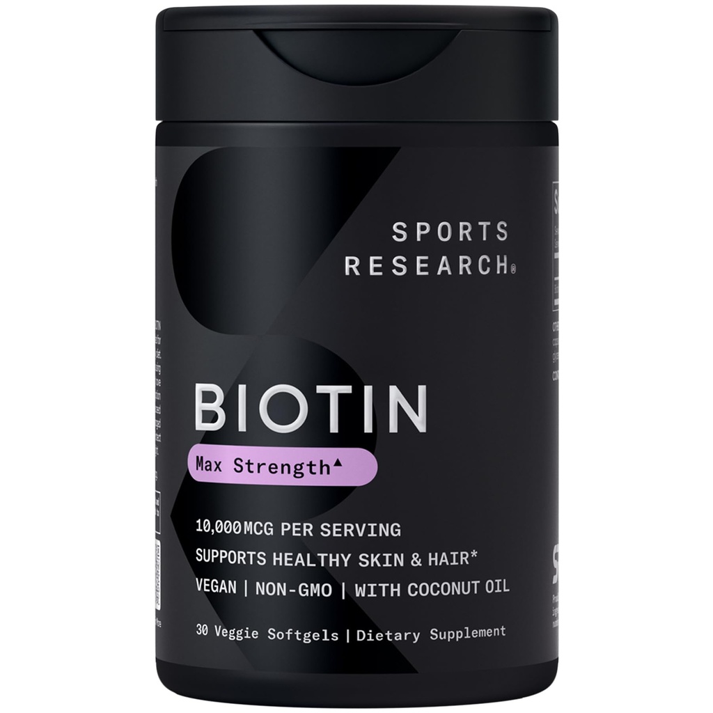 Sports Research® Biotin 10.000mcg com óleo de coco orgânico - Biotin (Vitamina B7) para a pele saudável e suporte de cabelo * - para mulheres e homens - Vegan, Não-GMO, Gluten & Soy-Free - 30 Veggie Softgels