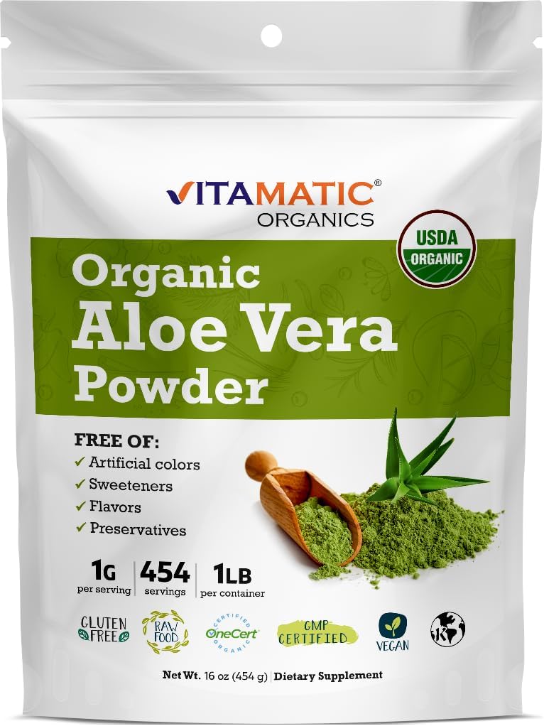 Vitamatic Certified USDA Organic Aloe Vera Powder – 1 lb (16 oz) Suporta Pele, Digestão, Detox e Saúde Imunitária