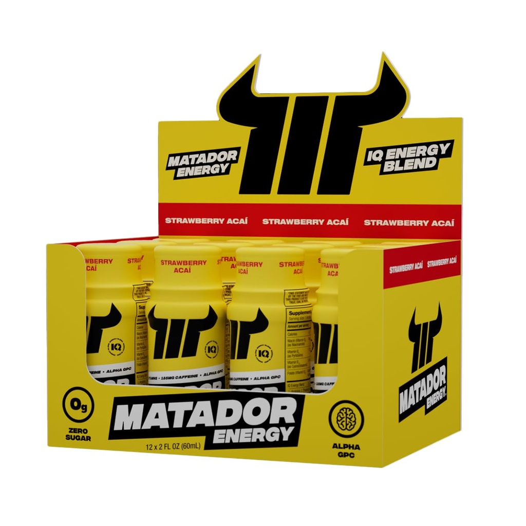 MATADOR Energy Shots Extra Strength Mini Energy Drinks w/B Vitaminas complexas (Vitamina B12-B9-B6-B3), Alpha GPC Nootropic IQ Energia, Coffee Bean Extract Caffeine Shots, 24 Energy Drink Strawberry Acai