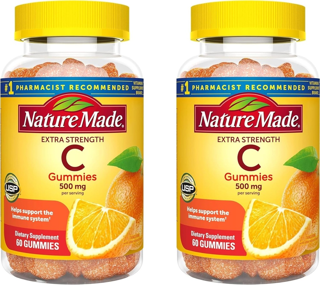 Nature Made Extra dosagem Vitamina C 500 mg por serviço, Suplemento dietético para apoio imunológico, 60 chicletes, 30 dias de fornecimento (Pacote de 2)