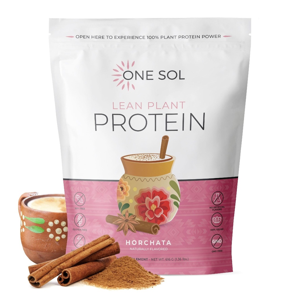 Um Sol Lean planta-based proteína em pó, Ervilha & Brown arroz proteína, Baixo carboidrato, Vegan Friendly - Glúten, Lactose, & Soy Livre - Sem açúcar adicionado, Não-GMO, Nutrição Limpa, Sem Bloating (Horchata)