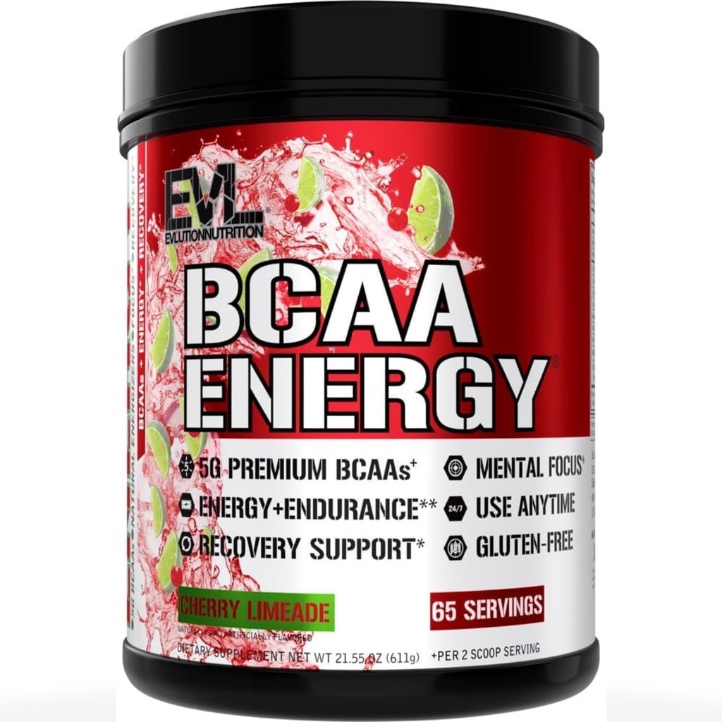 Evlution EVL BCAAs Aminoácidos Pó - BCAA Energia Pré-Ensaio Pó para Recuperação Músculo Crescimento Lean e Endurance - Reidratação Pós-Esquecimento Recuperação Bebida com Cafeína Natural - Limeade Cereja