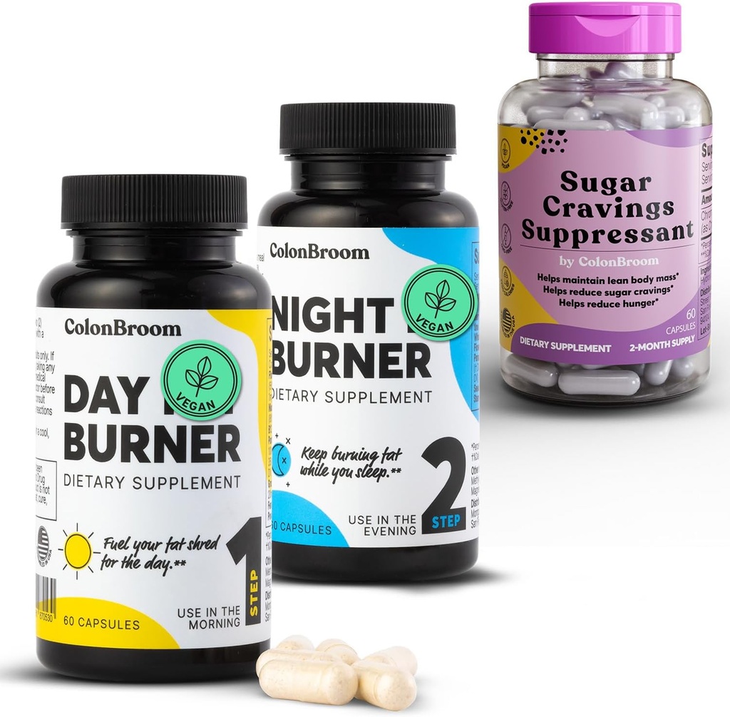ColonBroom Day & Night Burner Suplementos, Pílulas de gestão de peso (60 Servings) + Supressor de desejos de açúcar - Picolinato de cromo 200mcg (60 Servings), 3 itens