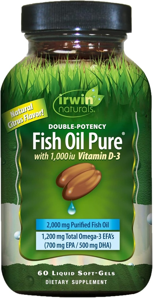 Óleo de peixe de dupla potência puro por Irwin Naturals, sabor de citrinos com vitamina D-3, 60 Géis Líquidos