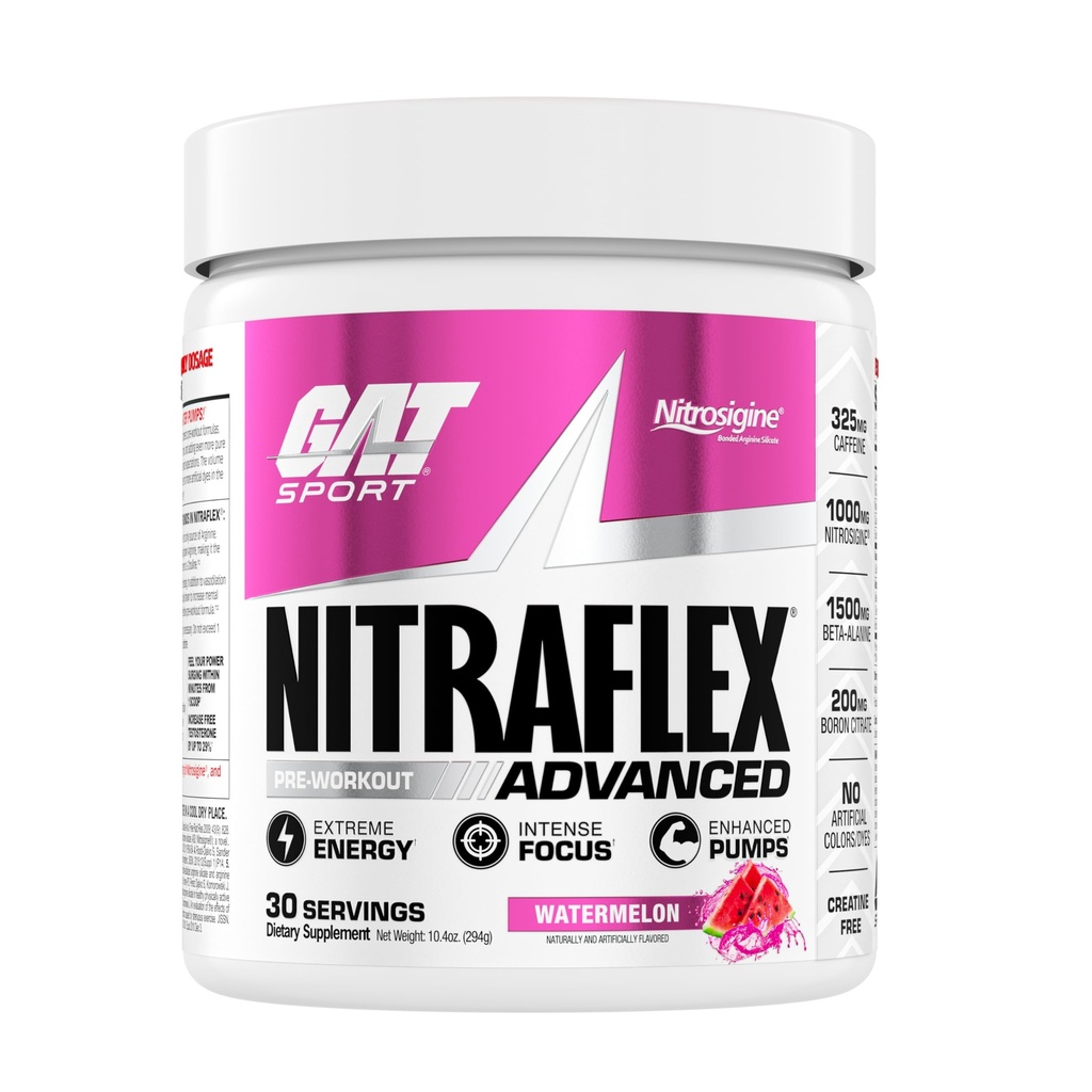 GAT SPORT Nitraflex pó avançado pré-treino, aumenta o fluxo de sangue, aumenta a força e energia, melhora o desempenho do exercício, sem creatina (melancia, 30 Servões)