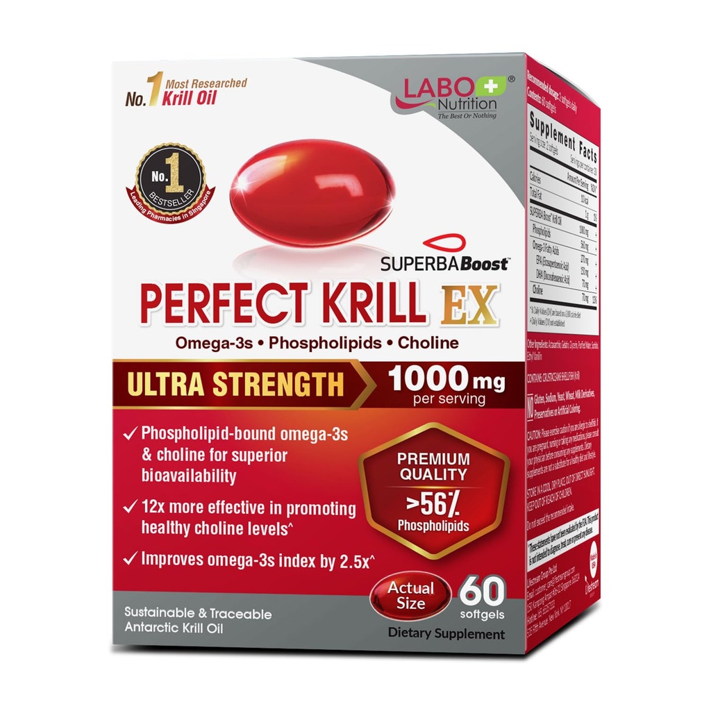 LABO Nutrition Perfect Krill EX, 1000mg Antárctico Krill Oil Omega 3 EPA DHA, fosfolipídios mais elevados (mais de 56%) com colina, astaxantina .