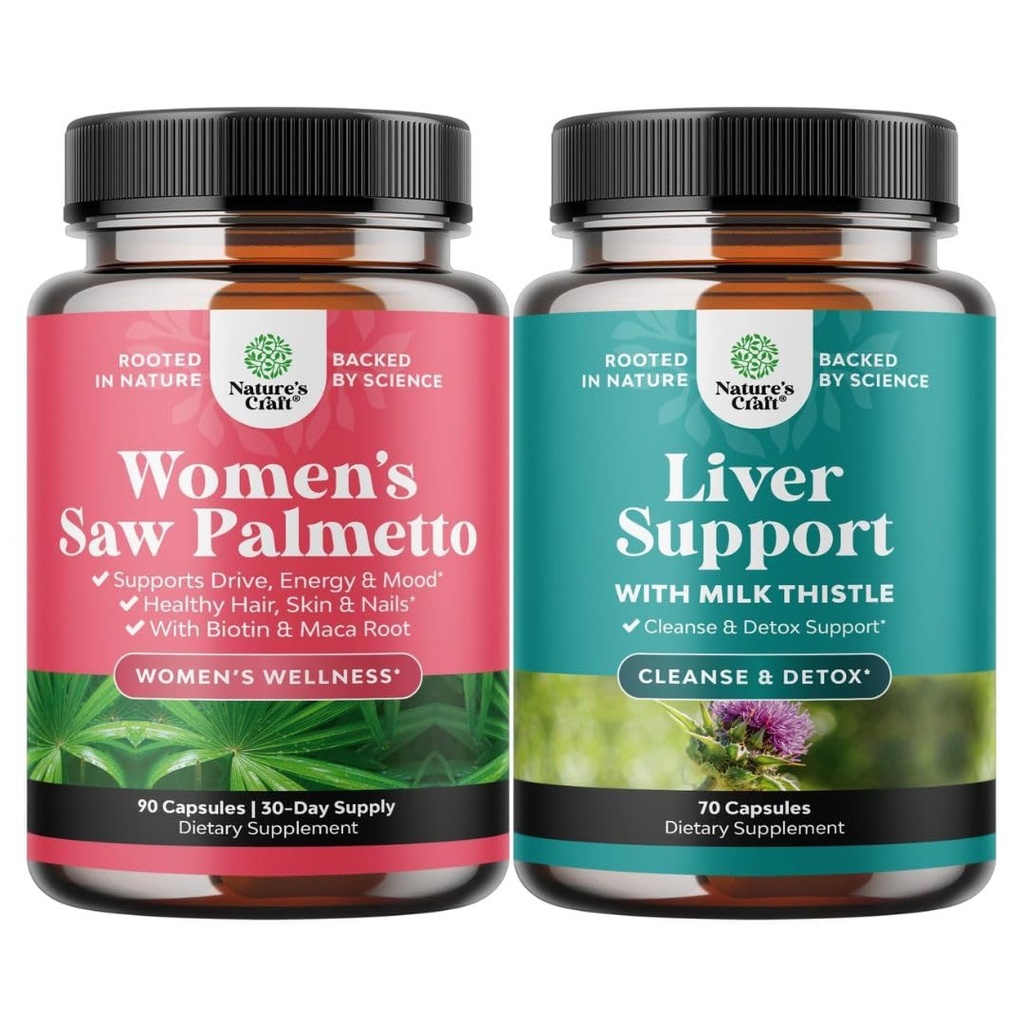 Pacote de extra força serra Palmetto para mulheres e fígado Cleanse Detox & Repair Formula - DHT Blocker Thickening Hair Vitaminas para perda de cabelo para mulheres - Silymarin Milk Thistle Fígado Detox 70 Cápsulas