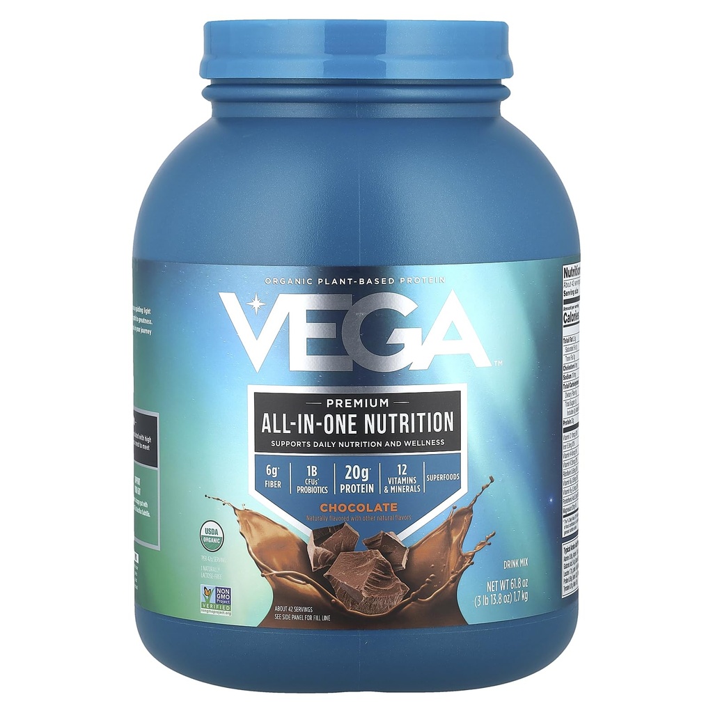 Vega All in One Nutrition Organic - 20g Proteína de Ervilha Baseada em Plantas, Chocolate, 42 Servings, Vitaminas A & C, Probióticos, Verdes, Vegan, Keto, Gluten Free, 61.8oz (Pacote de Maio Vary)