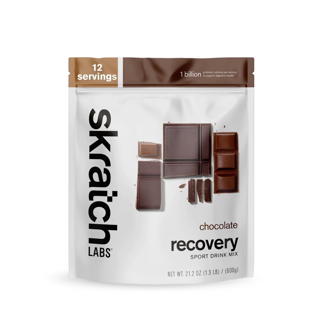 Skratch Labs Pós-treino Recuperação Drink Mix com Chocolate, (21,2 oz, 12 Servões) com proteína completa do leite de caseína, soro de leite, Probióticos, Sem glúten, Kosher, Vegetariano