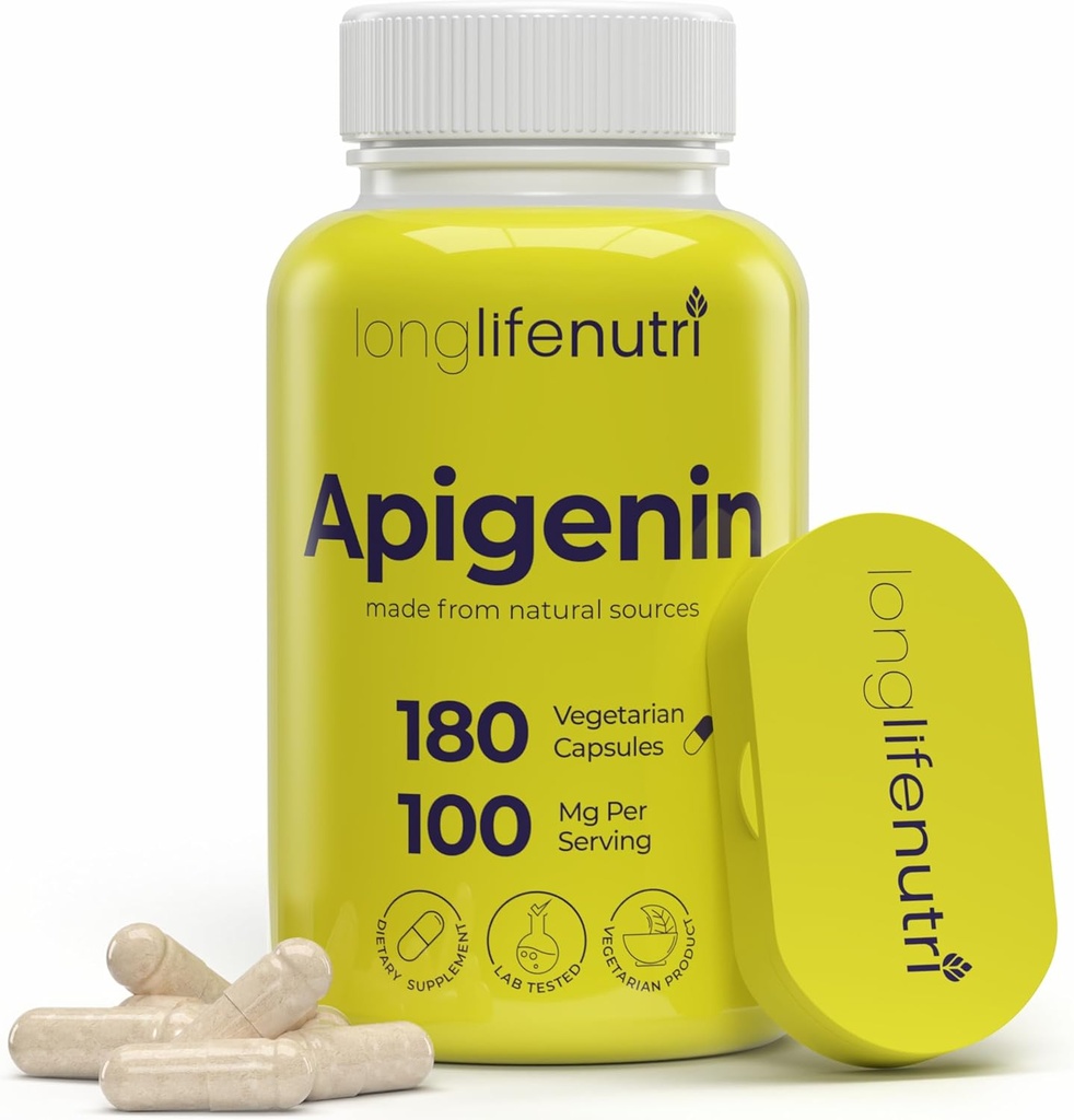 LongLifeNutri Apigenin 100mg – Bioflavonoid Natural de Extrato de Camomila, 180 Cápsulas Vegetarianas, Suplemento para Sono, Humor e Relaxamento, Fonte de 6 meses, Certificado GMP, Made in USA