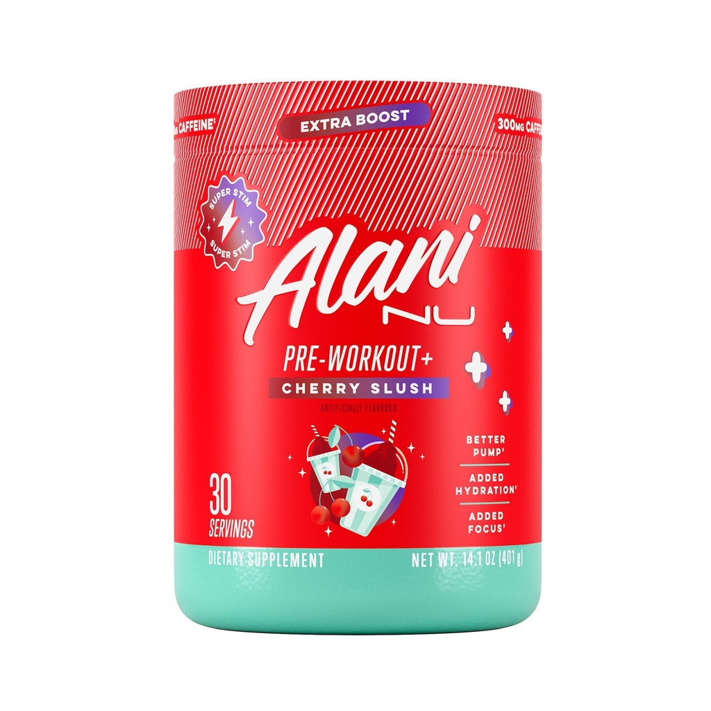 Alani Nu Pré-treino+ Pó de pasta de cereja, Extra Boost, Açúcar grátis, 300mg Cafeína, L-Theanina, Beta-Alanine, Citrulina, 30 Servings