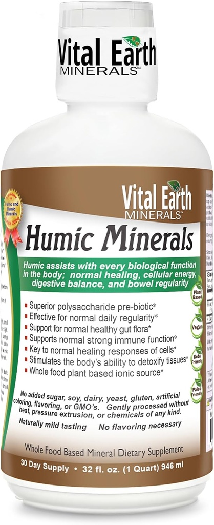 Minerais Vitais da Terra Minerais Húmicos – Suplemento de Ácido Fulvico com 70+ Minerais Trace, Eletrólitos para Recuperação e Equilíbrio, 32 Oz + 1 Oz Cup